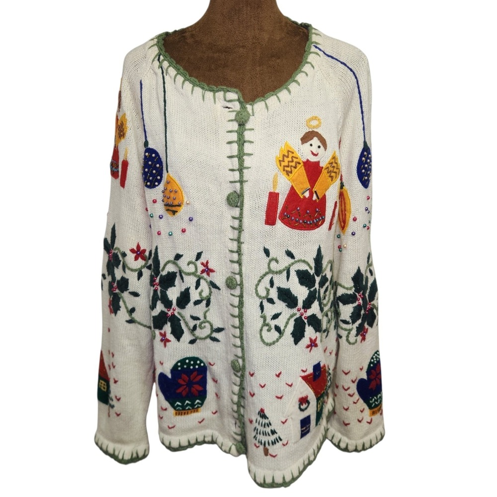 Designers Originals Studio Christmas Sweater Cardigan Colorful Angel Beaded XL